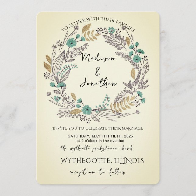 Romantic Watercolor Flower Wreath Wedding Einladung (Vorderseite)