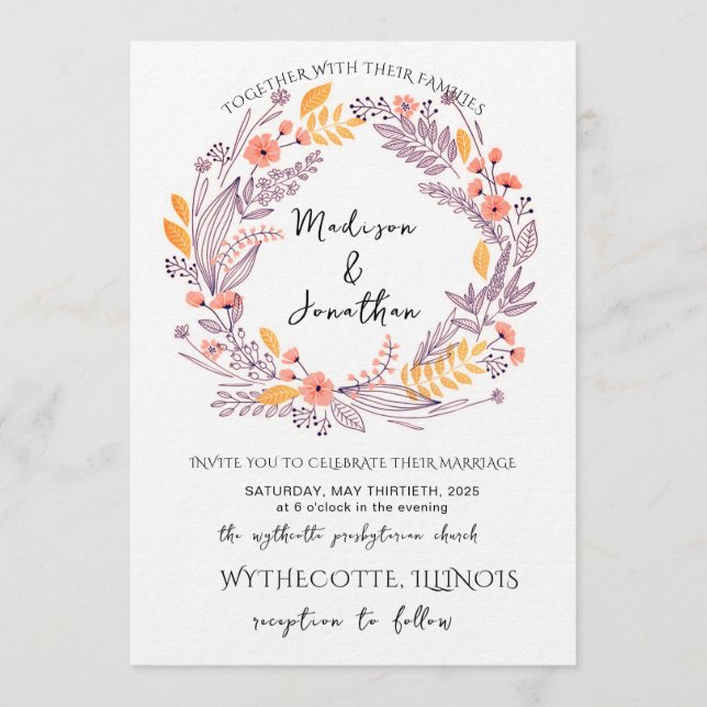 Romantic Watercolor Flower Wreath Wedding Einladung (Vorderseite)
