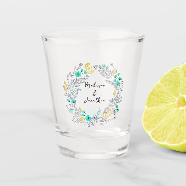Romantic Watercolor Flower Wreath Wedding Schnapsglas (Vorderseite)