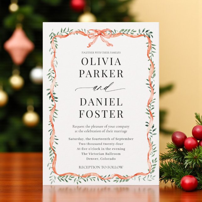 Romantic Watercolor Greenery Red Bow Wedding Einladung (Von Creator hochgeladen)