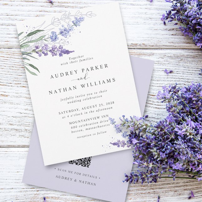 Romantic Watercolor Lavender QR Code Wedding Einladung (Romantic Watercolor Lavender QR Code Wedding Invitation)