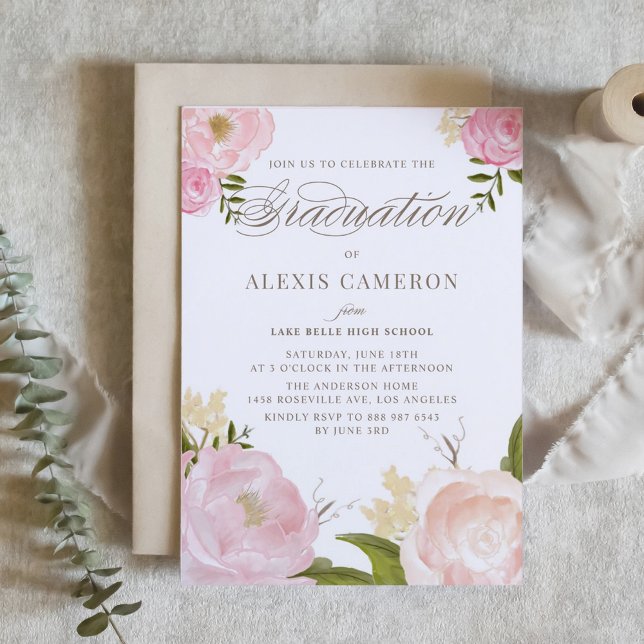 Romantic Watercolor Peonies Graduation Einladung (Customizable floral graduation invitation featuring watercolor blush pink flowers.)