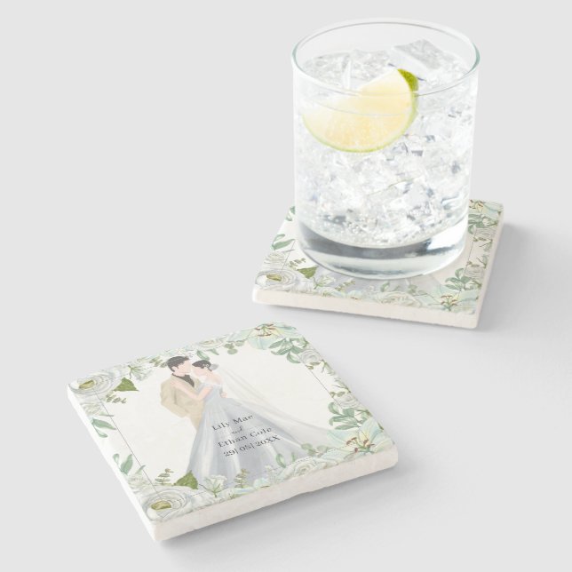 Romantic Watercolor Wedding Steinuntersetzer (Seitenansicht)
