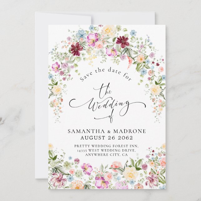 Romantic Watercolor Wildflower Wedding Save The Date (Vorderseite)