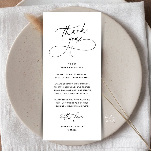Romantic Wed Dinner Place Setting Thank You Card Programm (Romantic Wedding Place Setting Thank You Card in Black and white)