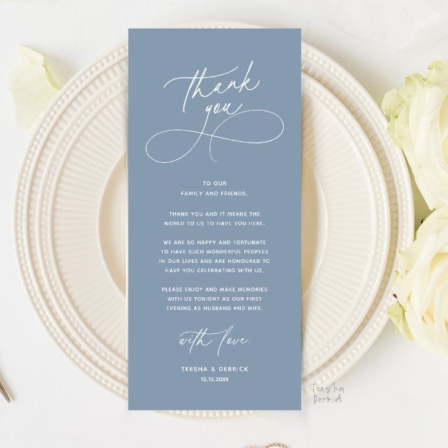 Romantic Wed Dinner Place Setting Thank You Card Programm (Romantic Wedding Place Setting Thank You Card in Dusty Blue)