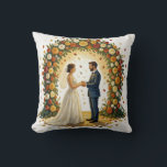 Romantic Wedding Arch Golden Roses Couple Kissen<br><div class="desc">Romantic oil painting of a joyful bride and groom standing hand in hand under a lush floral arch bursting with orange, yellow, white and red roses. Falling petals swirl around them in a dreamy golden light, creating a magical, swirling background inspired by Van Gogh. Bride in elegant white gown with...</div>