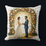 Romantic Wedding Arch Golden Roses Couple Kissen<br><div class="desc">Romantic oil painting of a joyful bride and groom standing hand in hand under a lush floral arch bursting with orange, yellow, white and red roses. Falling petals swirl around them in a dreamy golden light, creating a magical, swirling background inspired by Van Gogh. Bride in elegant white gown with...</div>
