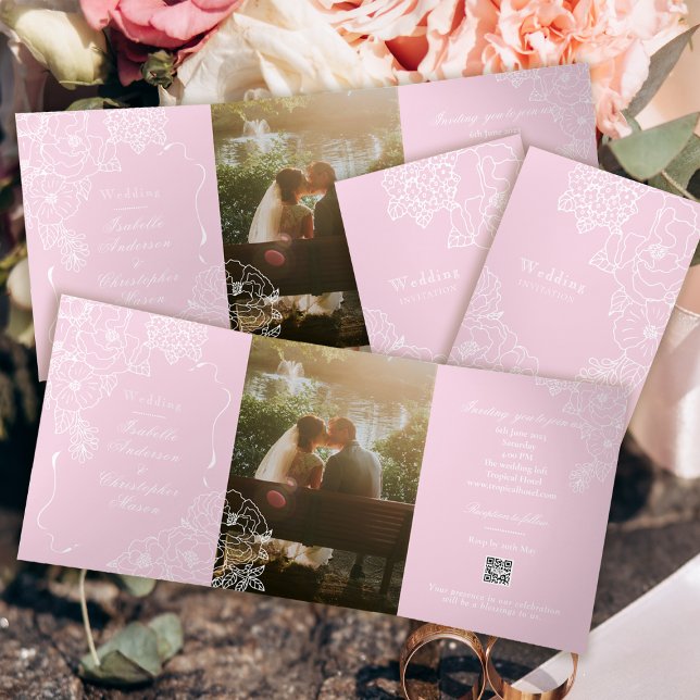 Romantic Wedding Peonies Delicate Blush Pink Dreifach Gefaltete Einladung (Von Creator hochgeladen)