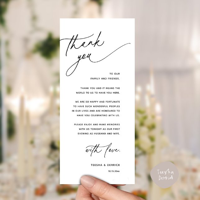 Romantic Wedding Reception Dinner Thank You Card Programm (Romantic Wedding Reception Dinner Thank You Card in Black and White)