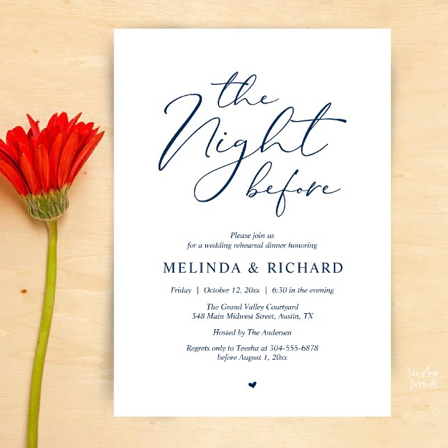 Romantic Wedding Rehearsal Dinner The Night Before Einladung (Modern Romantic Wedding Rehearsal Dinner The Night Before Forever Invites Card in Navy Blue)