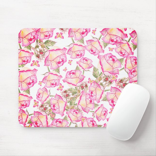 Romantic white pink yellow summer rose floral mousepad (Mit Mouse)