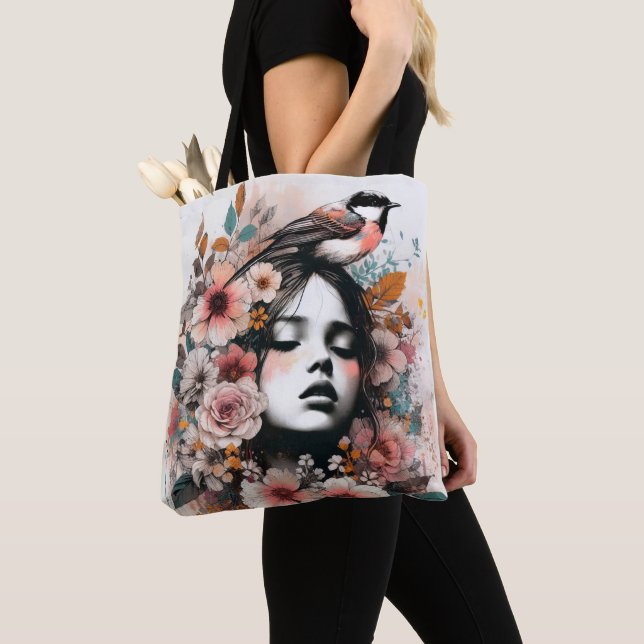 Romantic Woman with Flowers and Bird Illustration Tasche (Von Nahem)