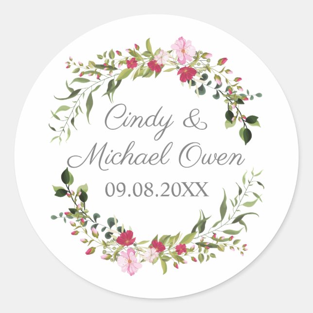Romantic Wreath in Red and Pink for Wedding Gift Runder Aufkleber (Vorderseite)