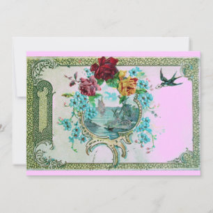 ROMANTICA 3 Blumen Blau Rosa Hochzeitsfeier Einladung