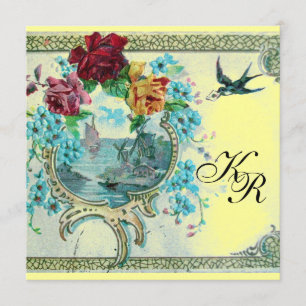 ROMANTİCA 3 MONOGRAM , Blau Gelbe Hochzeit Ankündigung
