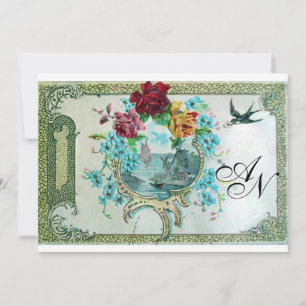 ROMANTİCA 3 MONOGRAM, Blue White Wedding Party Einladung