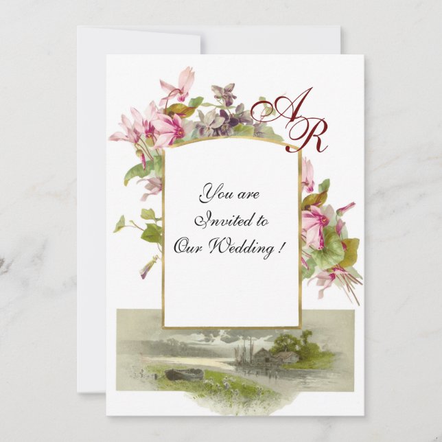 ROMANTİCA MONOGRAM/CYCLAMENS, rosa, grüne Weiß Einladung (Vorderseite)