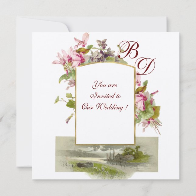 ROMANTİCA MONOGRAM /CYCLAMENS, rosa grüner Champag Einladung (Vorderseite)