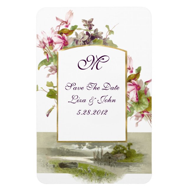 ROMANTİCA MONOGRAM/CYCLAMENS, Save the Date, weiß Magnet (Vertikal)
