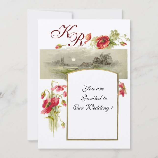 ROMANTİCA MONOGRAM / POPPIEN, rot, grün, weiß Einladung (Vorderseite)