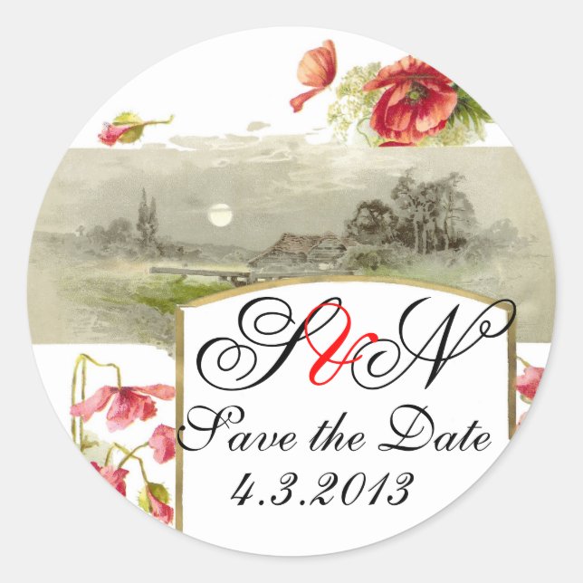 ROMANTİCA MONOGRAM / RED POPPIES SAVE THE DATE RUNDER AUFKLEBER (Vorderseite)