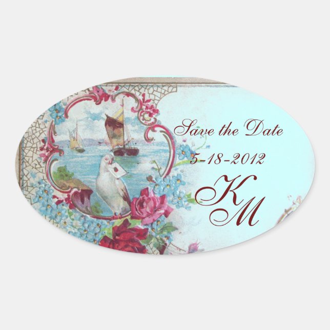 ROMANTICA MONOGRAM, Save the Date, blau Ovaler Aufkleber (Vorderseite)