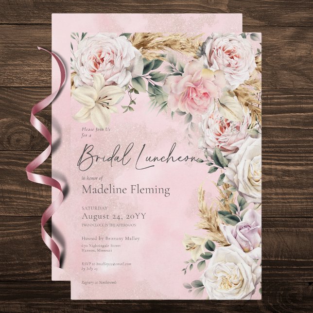 Romantik Boho Pink Roses & Pampas Bridal Luncheon Einladung (Romantic Boho Pink Roses & Pampas Bridal Luncheon Invitation)