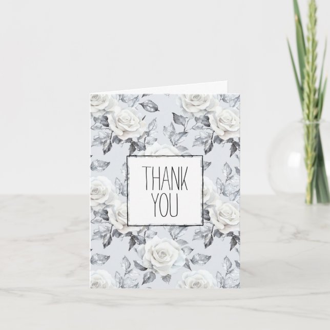 Romantik Grau Silver White Rose Floral Vielen Dank Karte (Vorderseite)