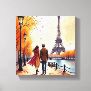Romantik im Herbst in Paris - Aquarellbahn Leinwanddruck