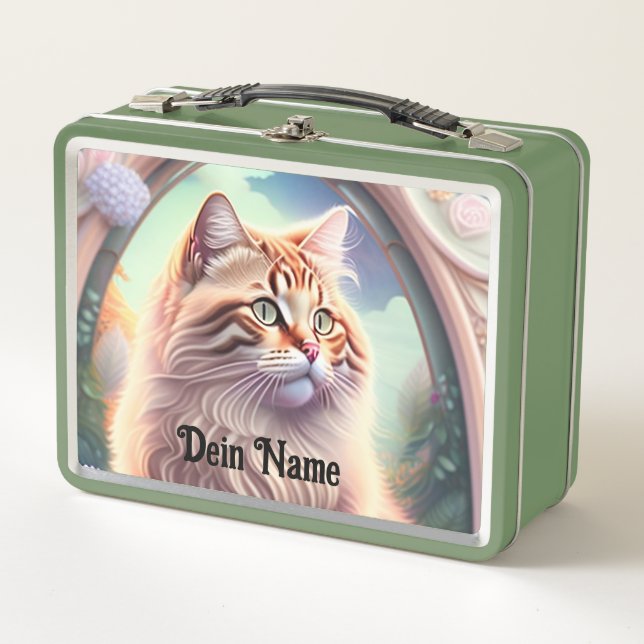 Romantik Katze mit Blumen Metall Brotdose (Vorderseite)