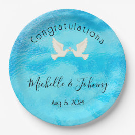 Romantik - zwei Tauben mit rosa Herz auf blau Pappteller