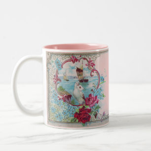 ROMANTIKA, BLAUE GREEN PINK BLUMENFLORALE ROSE MIT ZWEIFARBIGE TASSE