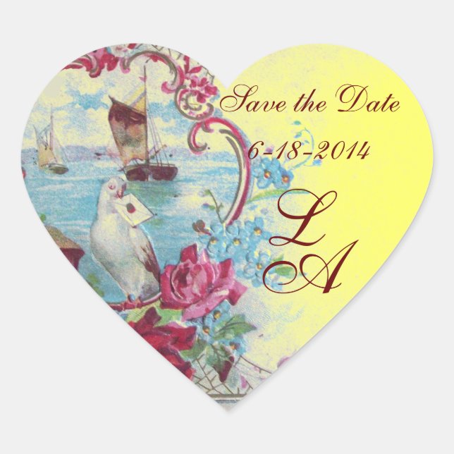ROMANTIKA MONOGRAM, Save the Date, gelb Herz-Aufkleber (Vorderseite)