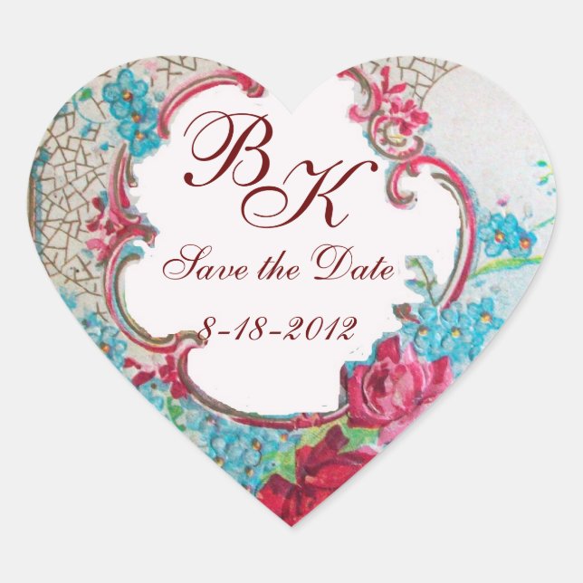 ROMANTIKA MONOGRAM, Save the Date, weißes Herz Herz-Aufkleber (Vorderseite)