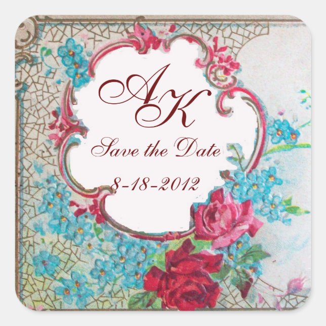 ROMANTIKA MONOGRAM, Save the Date, weißes Herz Quadratischer Aufkleber (Vorderseite)