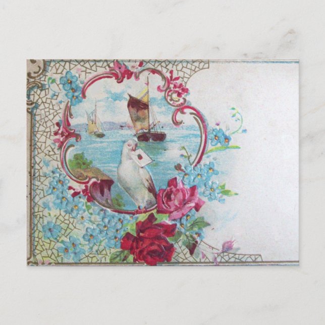 ROMANTIKA/ROSE, BLUE BLUMEN, DOVE MIT SCHREIBEN POSTKARTE (Vorderseite)