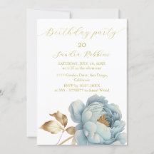 Romantique bleu doré fleur Anniversaire Invitation
