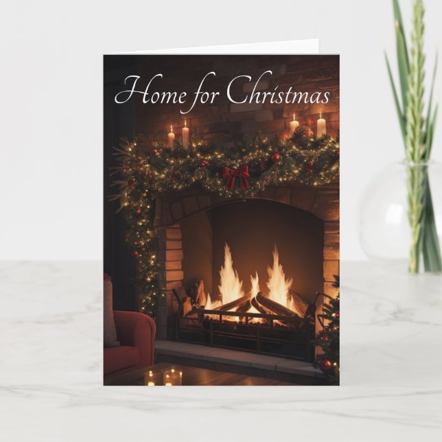 Romantique cheminée en bois foncé Carte de Noël (Devant)