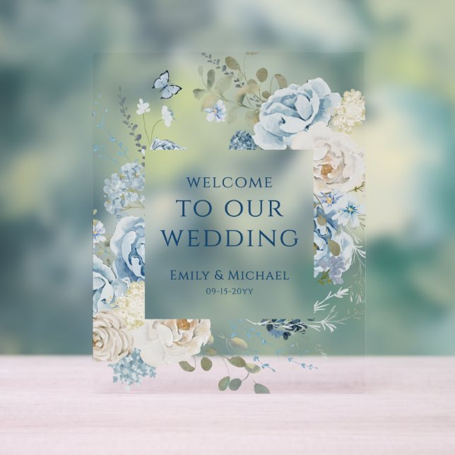 Romantique Dusty Blue Welcome Floral Mariage (Neutre)