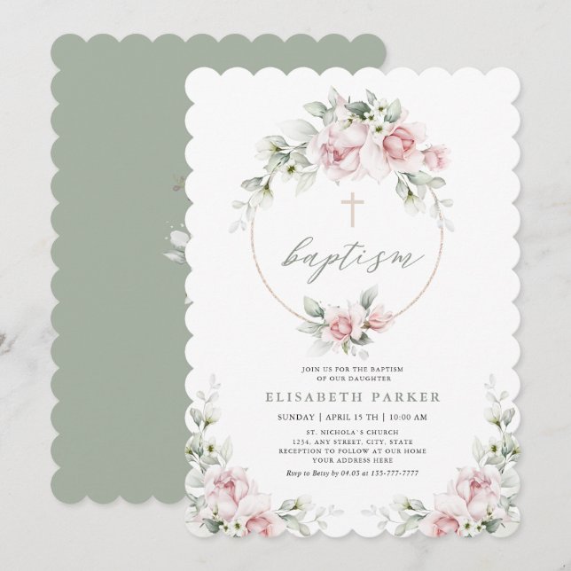 Romantique fille Baptême Floral rose Invitation (Devant / Derrière)