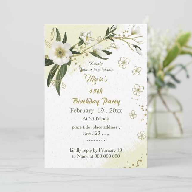 romantique fleurs blanches et or invitation annive (Debout devant)