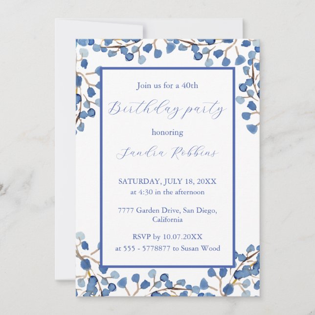 Romantique fleurs bleues invitation anniversaire (Devant)