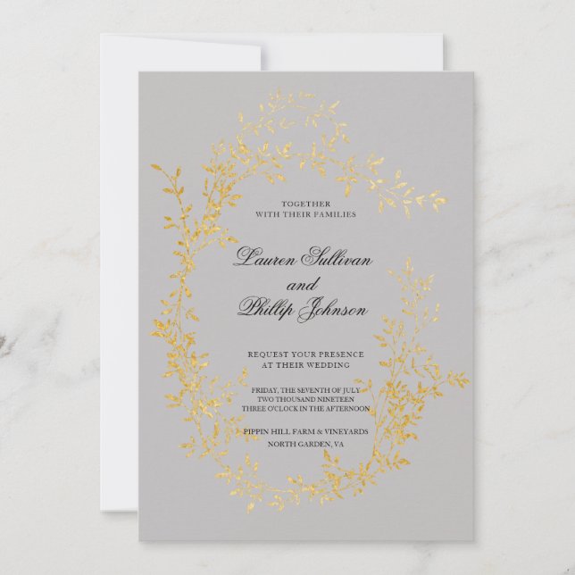 Romantique Gold Wreath Floral Wedding Invitations (Devant)