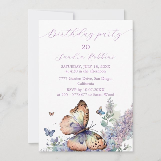 Romantique lilas et papillon Invitation Anniversai (Devant)