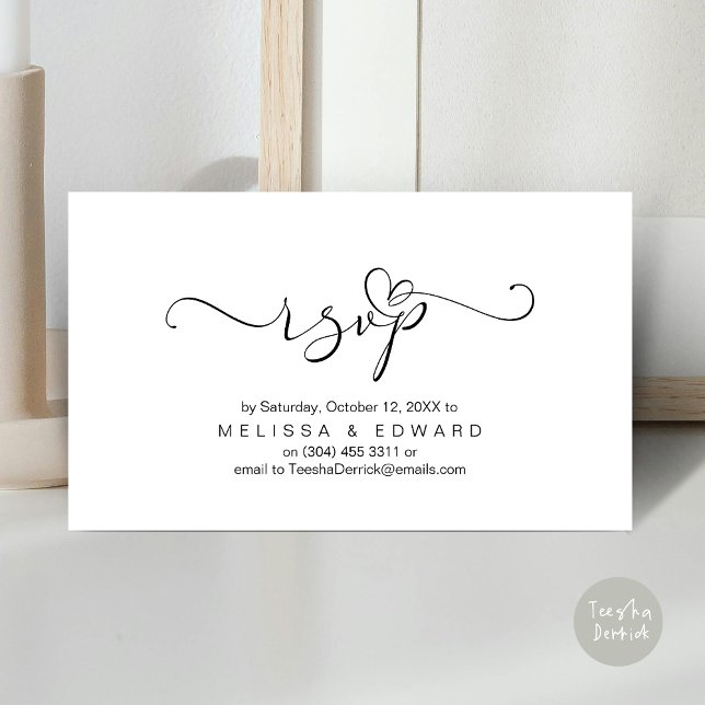 Romantique, Noir, Invitation RSVP, répondre (Romantic Wedding RSVP Dinner Invitation Card, Modern Online Phone Email Website Reminder Black White)