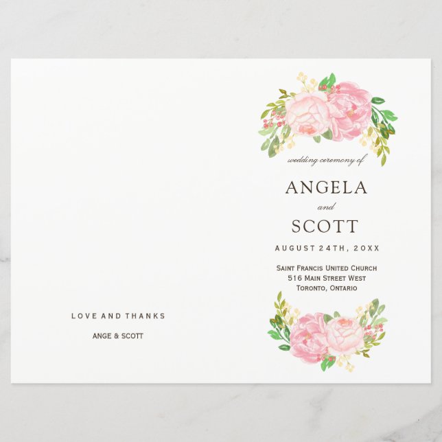 Romantique Peonies roses Programmes de mariage (Devant)