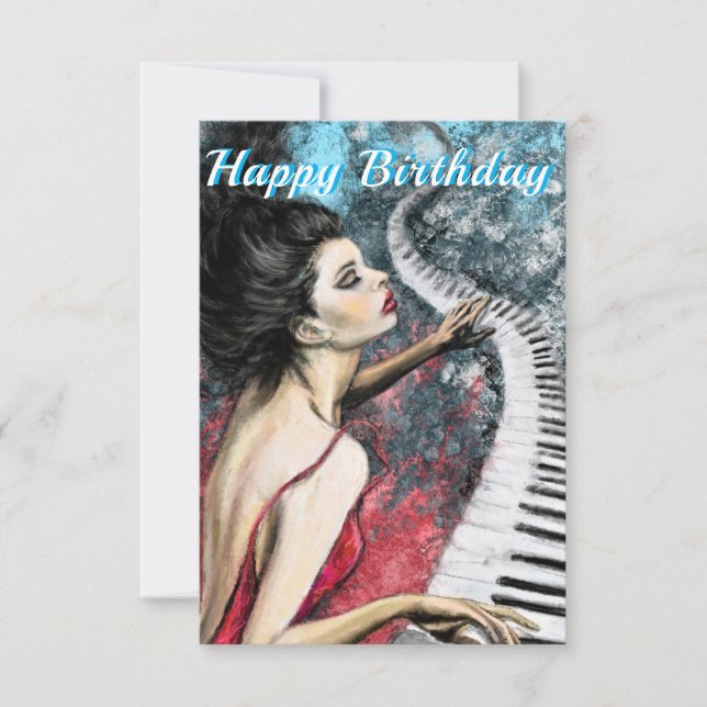 Romantique Piano Music Lady en rouge carte d'anniv (Devant)