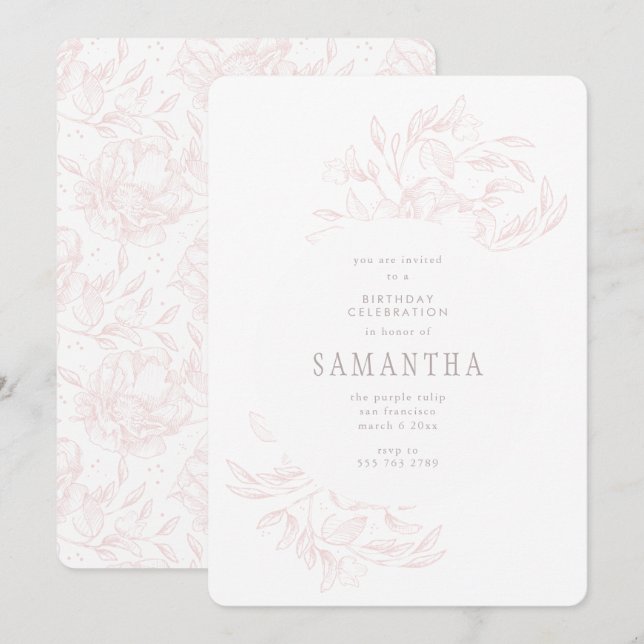 Romantique rose dessiné Floral Invitation Annivers (Devant / Derrière)