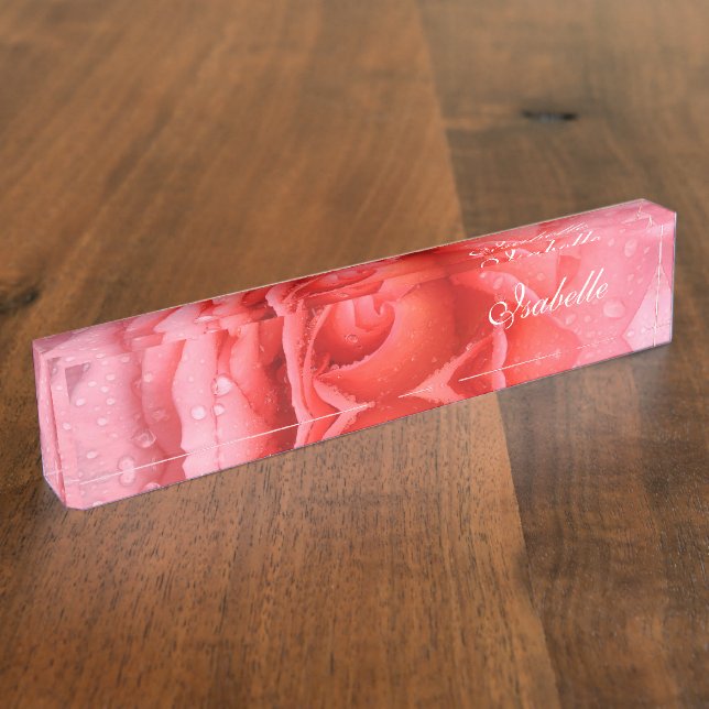 Romantique Rose rose rose gouttes d'eau Nom Plaque (Taille)